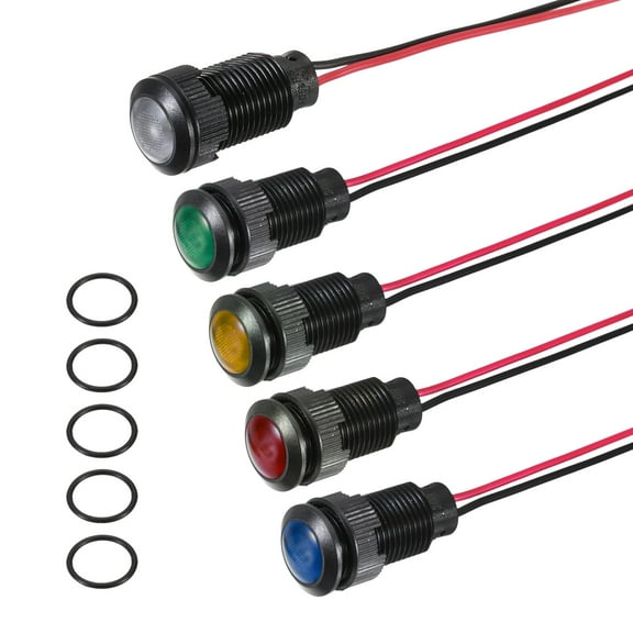 Uxcell 5Pcs 12mm Indicator Light,12V-24V AC/DC LED Plastic Shell Signal Lamp Waterproof IP67,White/Red/Blue/Green/Yellow