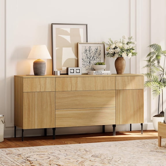 WAMPAT 63" W Large Sideboard Buffet Cabinet with Storage, 3 in 1 Fluted Sideboard Buffet with 5 Drawers and 2 Doors Wood Buffet Table Coffee Wine Bar Cabinet for Dining Room, Living Room
