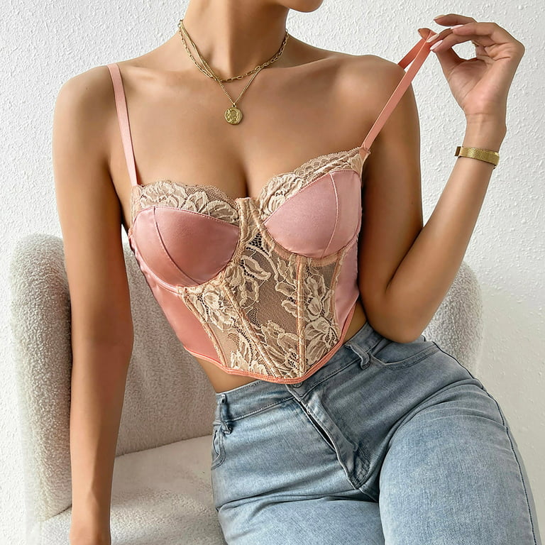 Women's Floral Lace Cami Crop Top Spaghetti Strap Sheer Mesh Corset Bustier  Tops Bralette