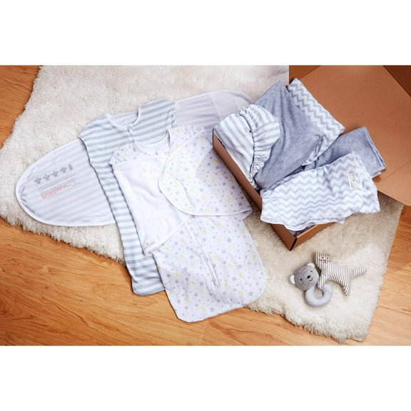 BreathableBaby 7-Piece Baby Gift Set Collection in Gray/White, Gender Neutral, Perfect Shower Gift, 2 Adjustable Swaddle Trios 3-in-1 (arms-up, arms-Down, arms-Out), 2 Swaddle Blankets, 3 Crib Sheets