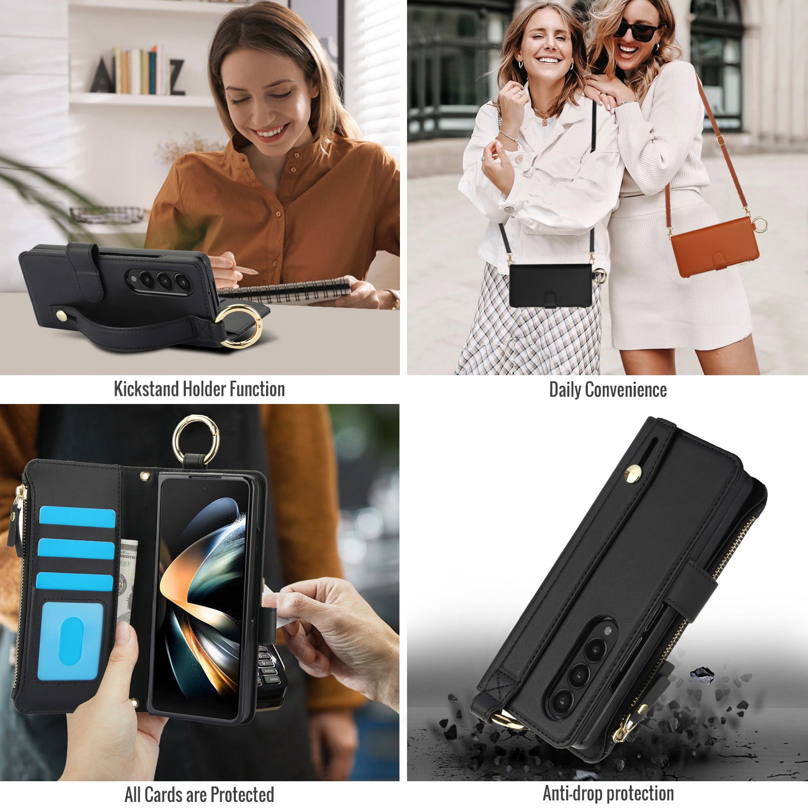 ELEHOLD For Samsung Galaxy Z Fold 4 Phone Case Leather Crossbody Zipper Card Wallet Flip Case Kickstand Cover, with Ring Holder,Full Body Protection-Black