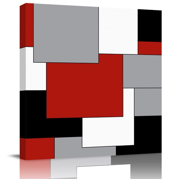 Wall Art Prints, Red Grey Black Geometric Framed Canvas Prints for Bedroom Living Room Bathroom Office, Middle Century Modern Art Abstract Gallery Wrap Wall Art Poster for Gifts Home Decor 12"x12"