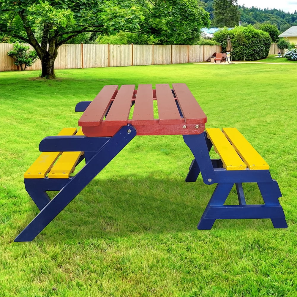 Kids Outdoor Picnic Table Set with Bench, 2 In 1 Colorful Toddler