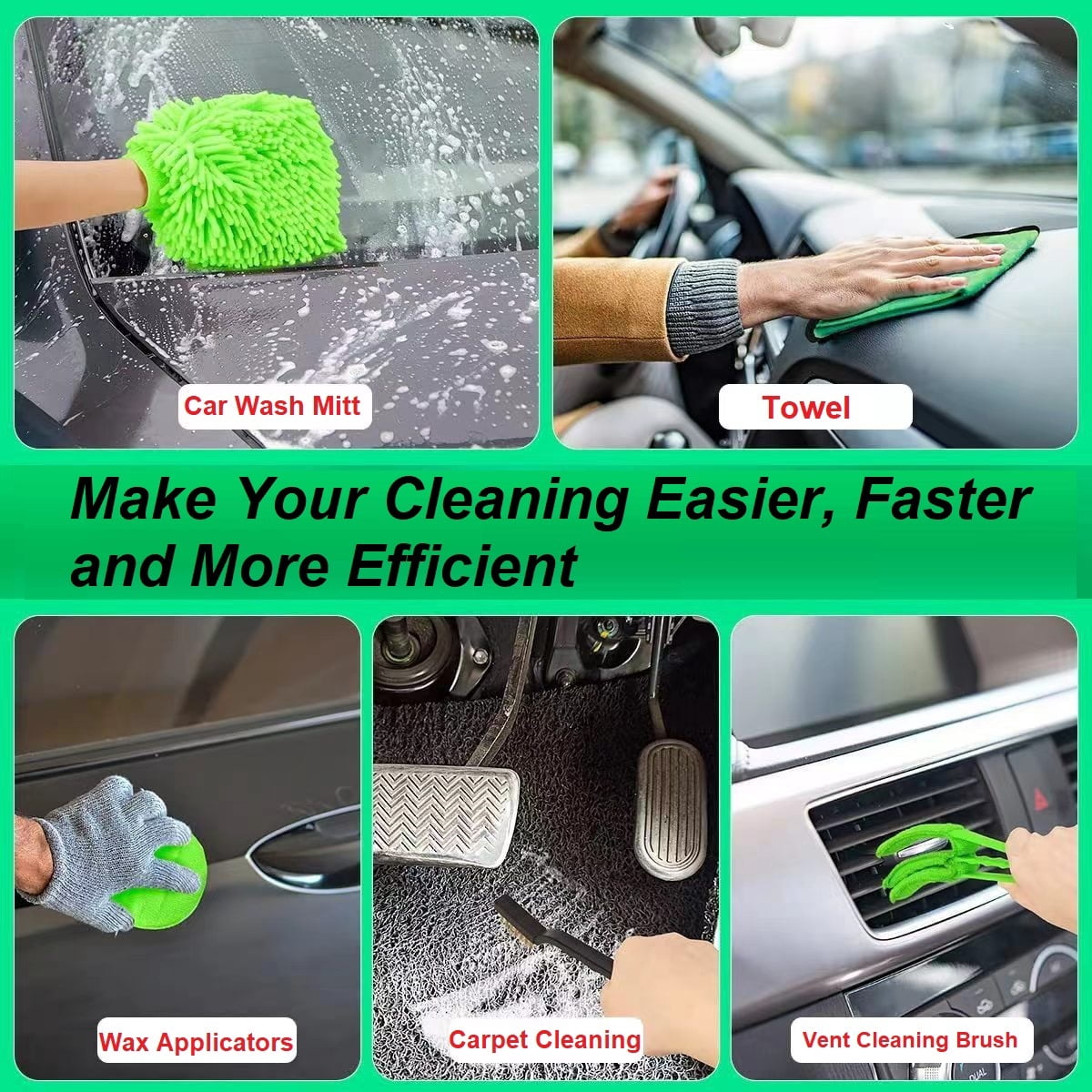 21PCS Car Detailing Kit Cleaning Brush Set, Auto Drill Brush Wash Mitt Air Vent Brush Cleaning Towel for Wheels Tires Carpet Air Vent Interior Exterior Car Care Accessories, Green