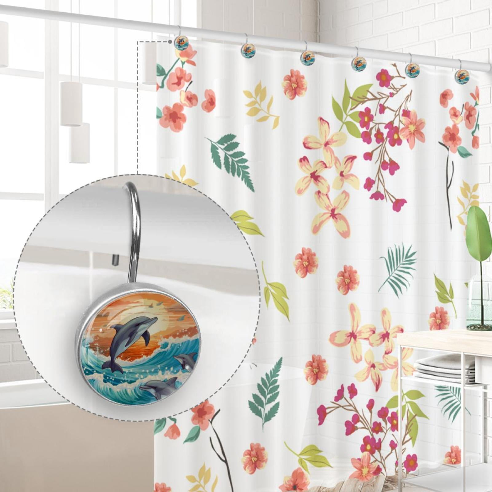 Dolphin Shower Curtain Hooks （Set of 12） for Home Hotel Shower Rods Bathroom Crystal Glass Print Stainless Steel Round Curtain Hooks