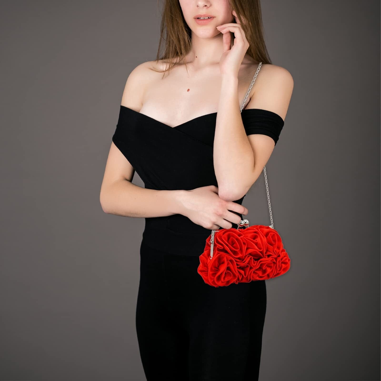 Women Evening Clutch Bag Dressy Floral Satin Small Purses with Detachable  Strap for Party