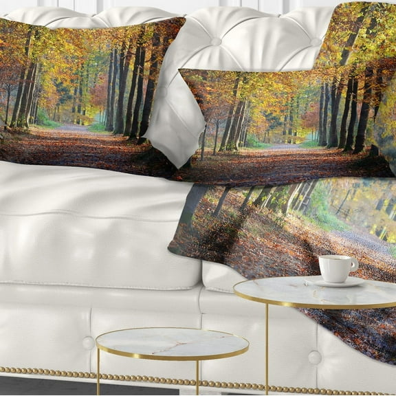 Designart Wide Pathway in Yellow Fall Forest - Landscape Photography Throw Pillow - 12x20