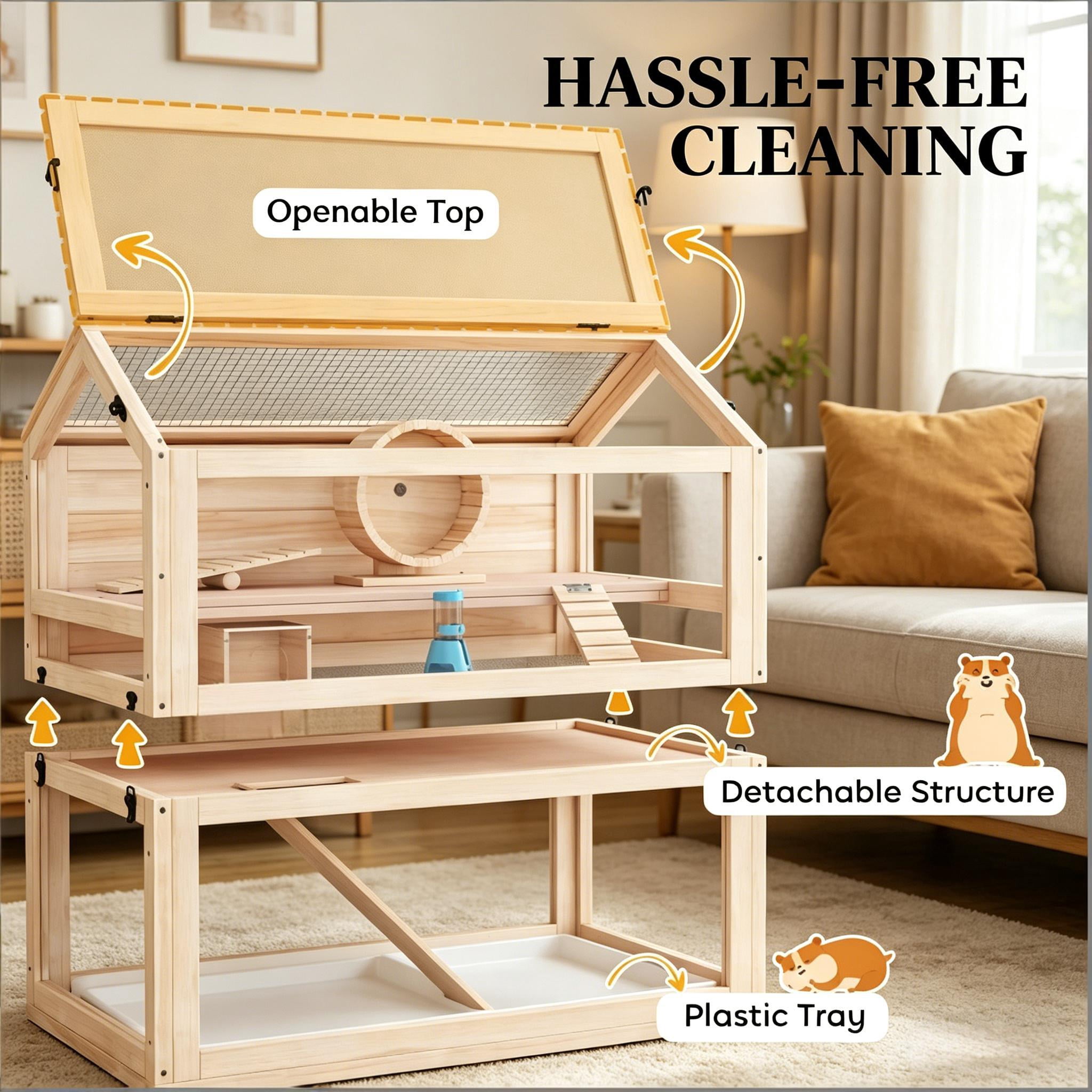 Spacious Small Animal Cage, Wooden Hamster Cage Pet Cage