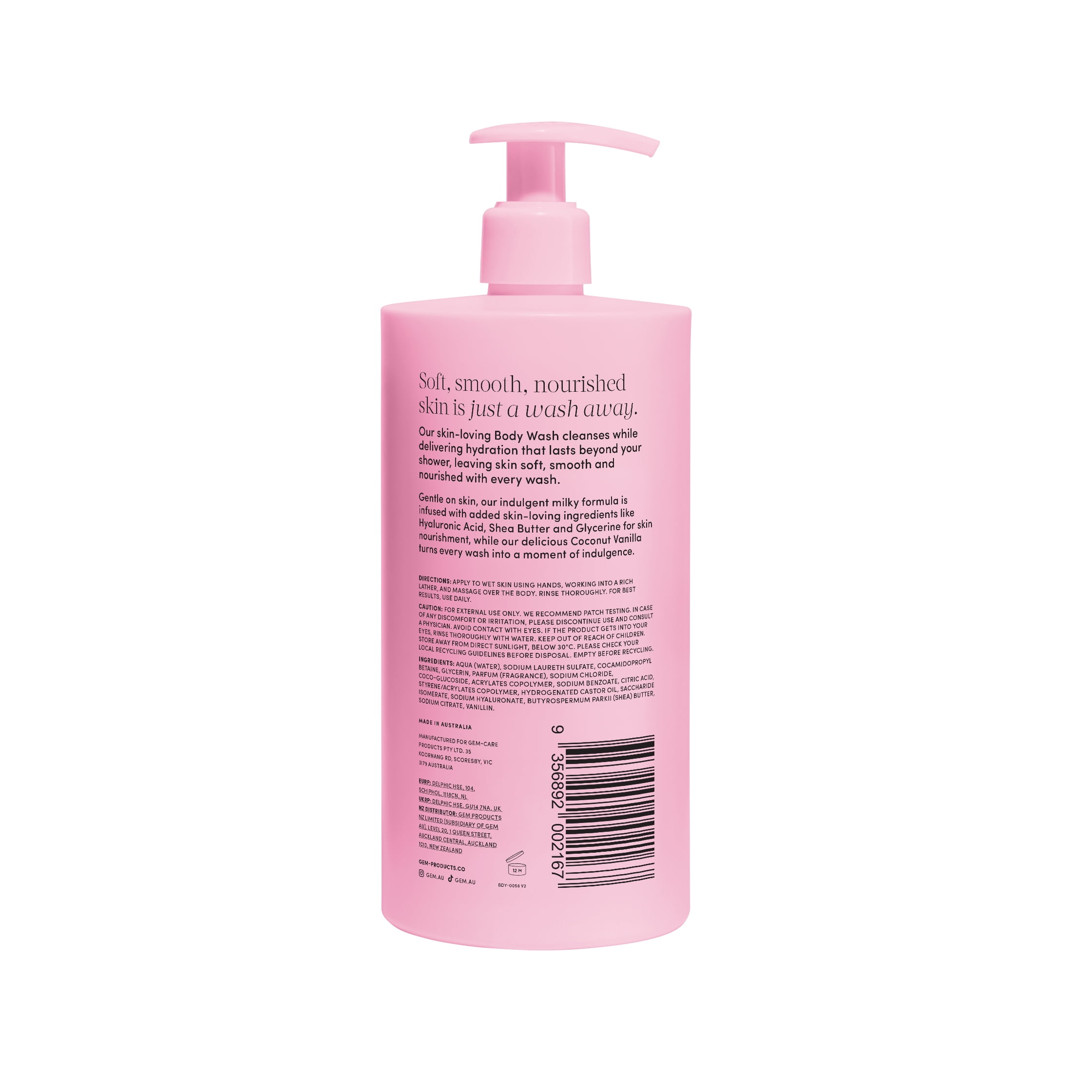 Gem Skin-Loving Body Wash Coconut Vanilla 500mL 16.9 fl oz