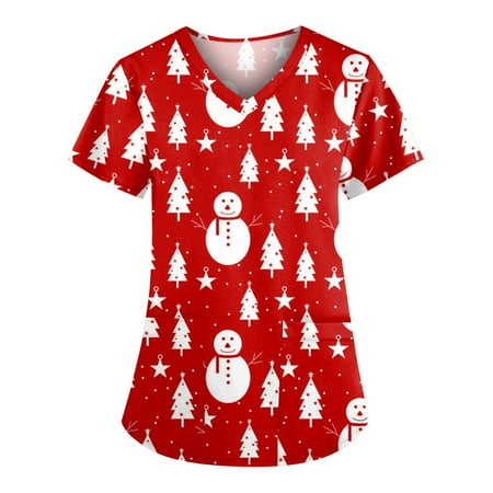 

OZUJIE Christmas Scrub Tops Women Print Short Sleeve V-Neck Tops Working Uniform Printing With Pocket Blouse Tops Red M