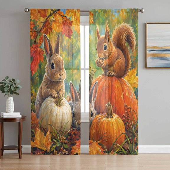 Pumpkins Fall Sheer Curtains 96 Inch Length 2 Panels Set, Thanksgiving Squirrel Leaves Farmhouse Voile Window Treatment Semi Sheer Long Curtains Drapes for Bedroom/Living Room/Kitchen 52"x96"x2