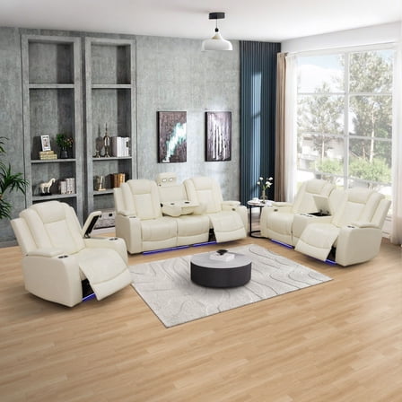 White Breathing Leather 3-Piece Living Room Recliner Sofa set