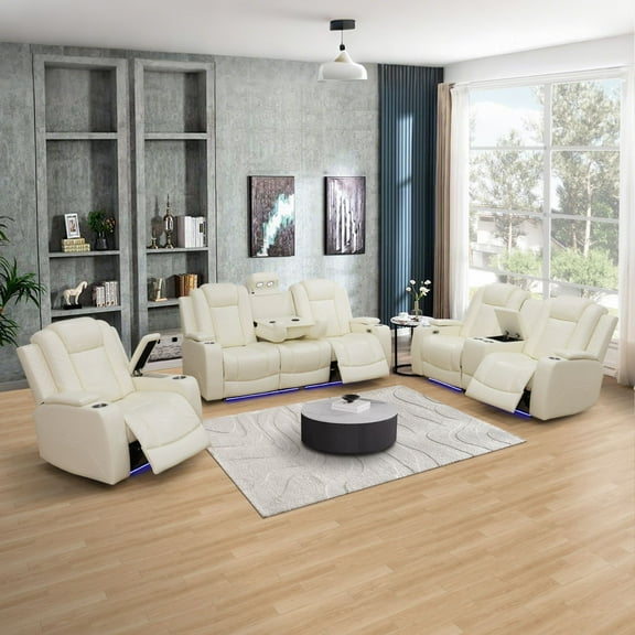 White Breathing Leather 3-Piece Living Room Recliner Sofa set