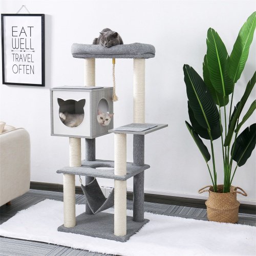 Tophomer 52 Inches Cat Tree Tower With Sisal Scratching Posts Hammock Top Perch Light Gray Walmart Com Walmart Com