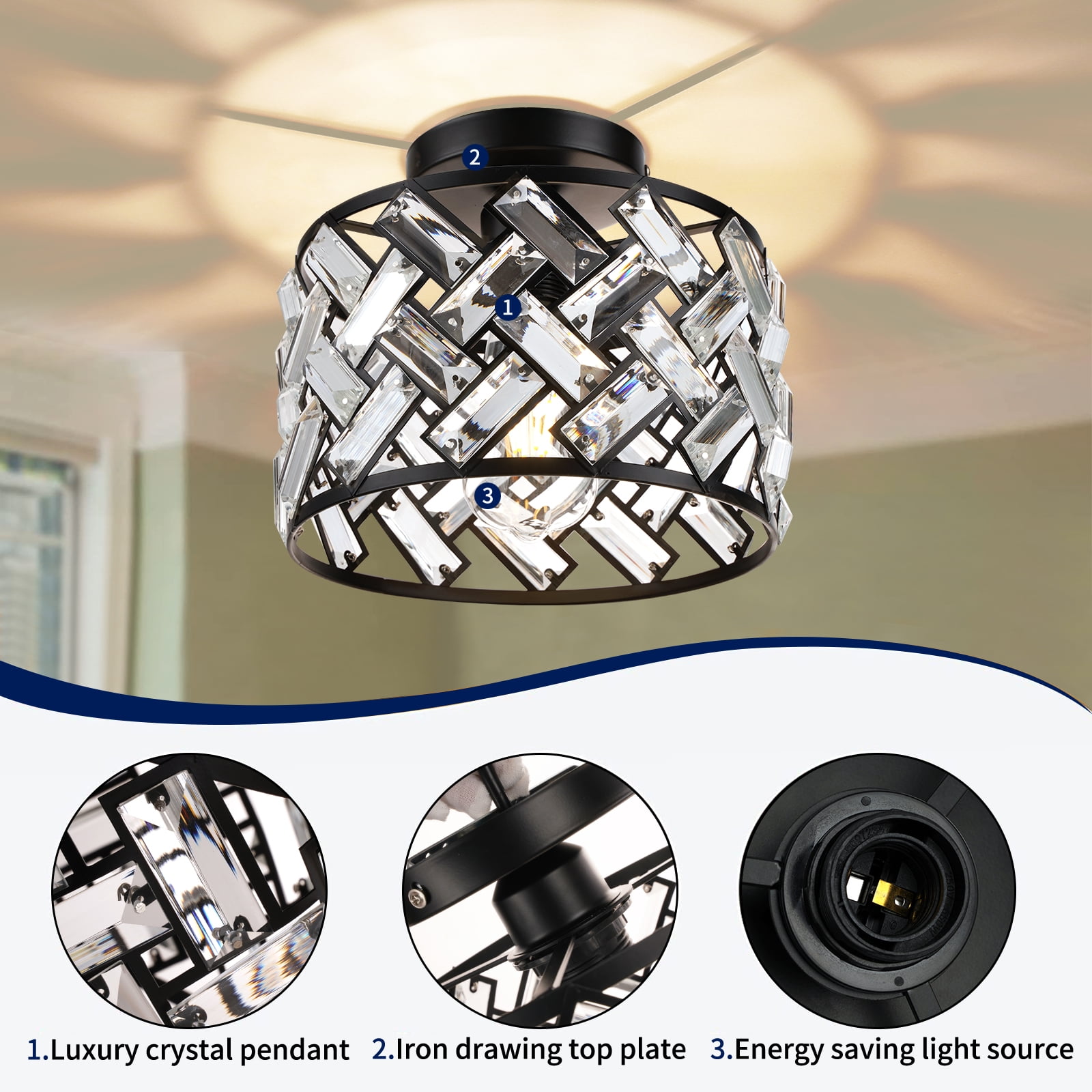 FRIDEKO HOME 8.86" Crystal Ceiling Light Fixture, E26 Base, Black Modern Semi Flush Mount Ceiling Light for Hallway, Closet, Foyer, Bathroom (Without Bulb)