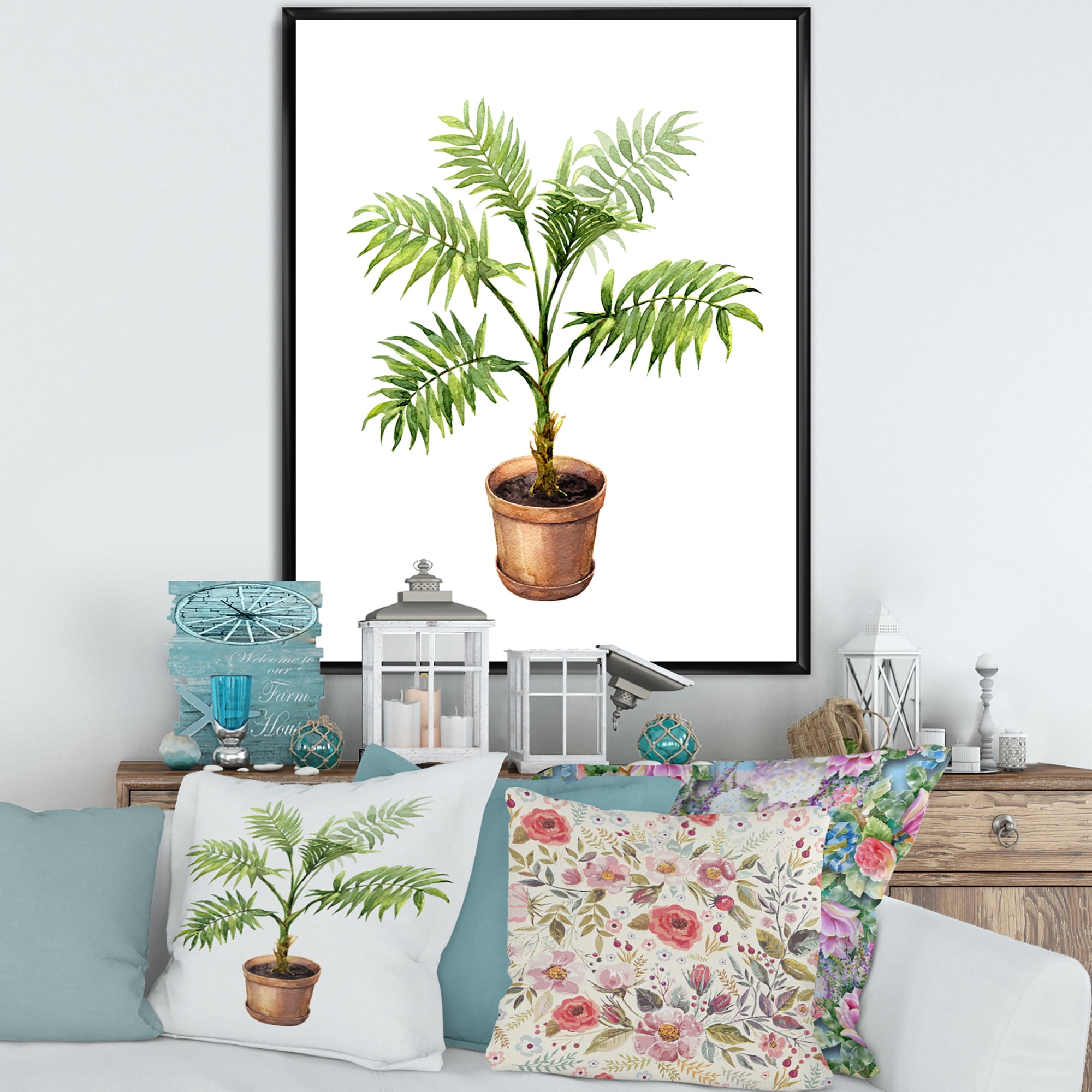 Designart 'Palm Plant In Clay Flowerpot' Traditional Framed Canvas Wall Art Print