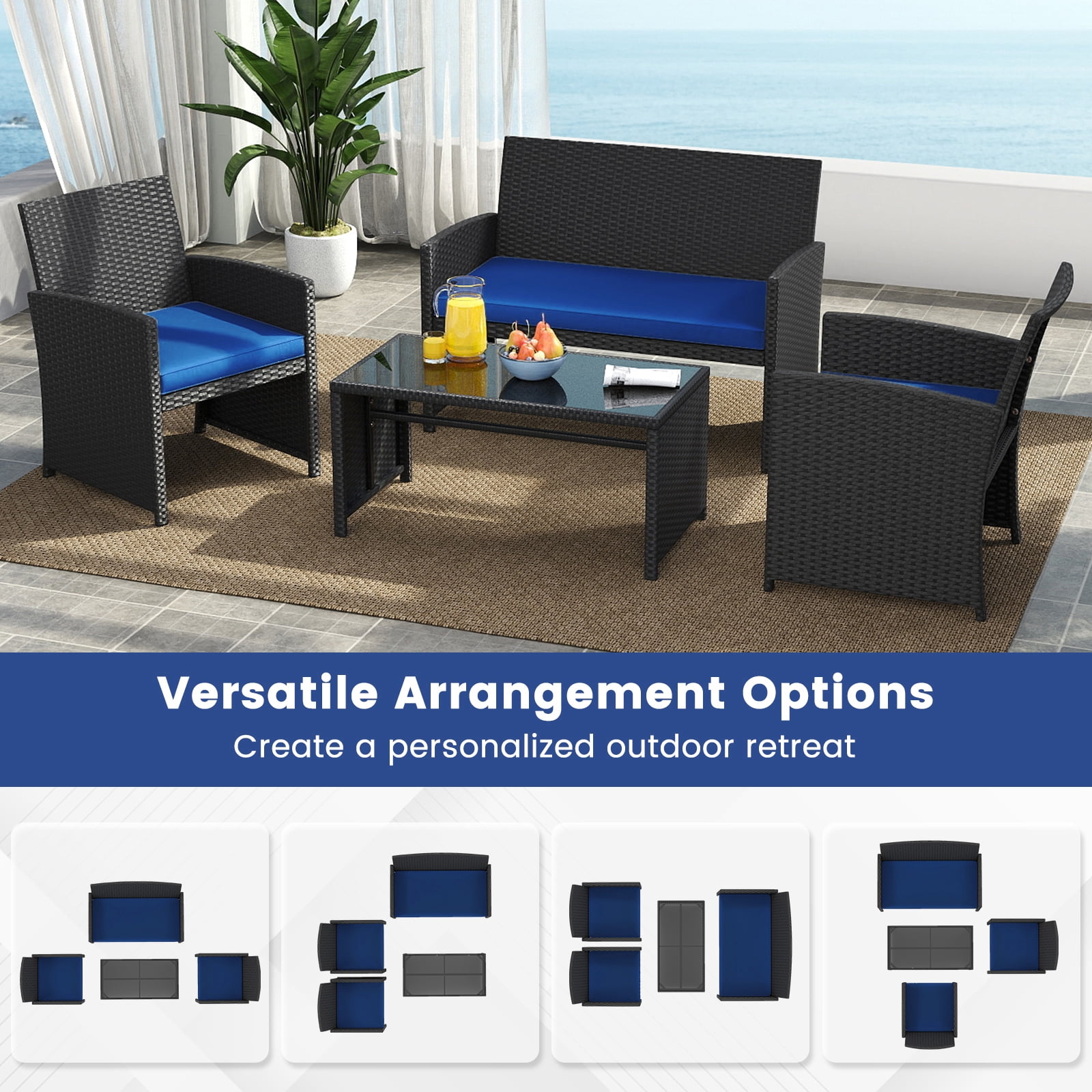 Costway 4PCS Patio Rattan Furniture Conversation Set Cushion Sofa Table Garden Navy