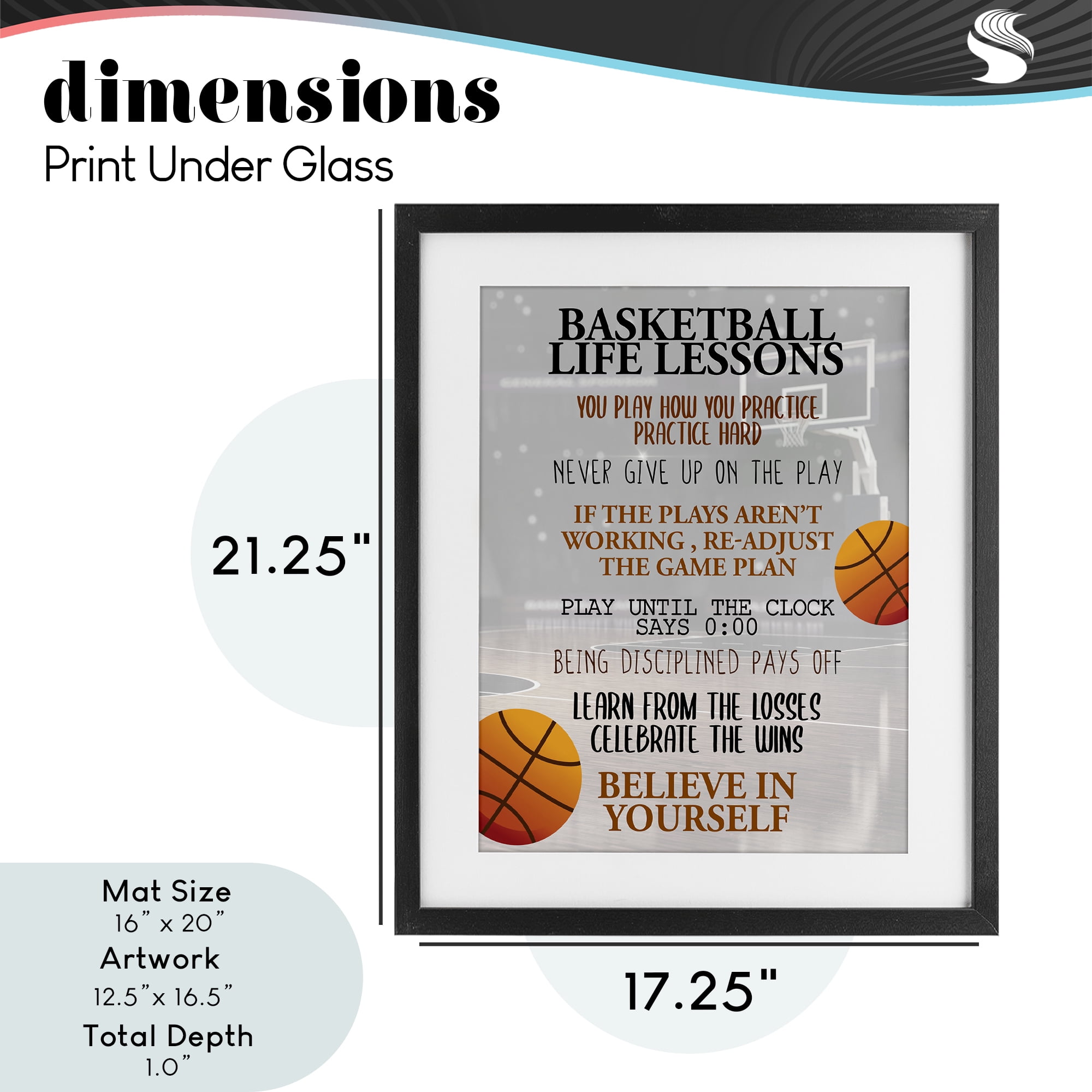 Basketball Life Lessons Black Framed Print Under Glass, design by Kim Allen