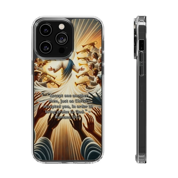 DistinctInk Hybrid (Acrylic / TPU) Clear Slim Fit Case for Apple iPhone 14 Pro MAX (6.7" Screen) - "Accepting One Another: A Reflection on Romans 15:7"