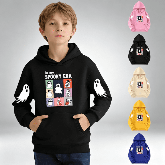 NEBWOAK Boys Girls Hoodie-Kids Cartoon Ghost Graphic Pullover Hooded Sweatshirt, Black,Size 3-4T