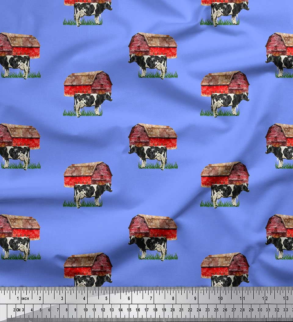 Soimoi Blue Viscose Chiffon Fabric Barn & Cow Farm Print Fabric by the ...