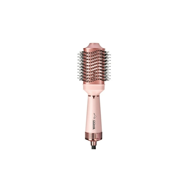 cepillo de aire eléctrico timco ajhb2007 para cabello con barril de cerámica y keratina Rose gold; vista frontal centrada del secador-cepillo con mango ergonómico, barril cilíndrico perforado y cepillo extra grueso de doble cerdas con puntas redondeadas; controles ambidiestros y cable giratorio de 180 cm. Secado rápido con emisión de iones, dos niveles de aire caliente y aire frío; también apto para retoques rápidos en viaje.