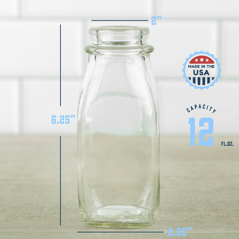 Kitchentoolz 12 oz Square Glass Milk Bottle with Lids and Pour Spout - US  Made -Pack of 2 