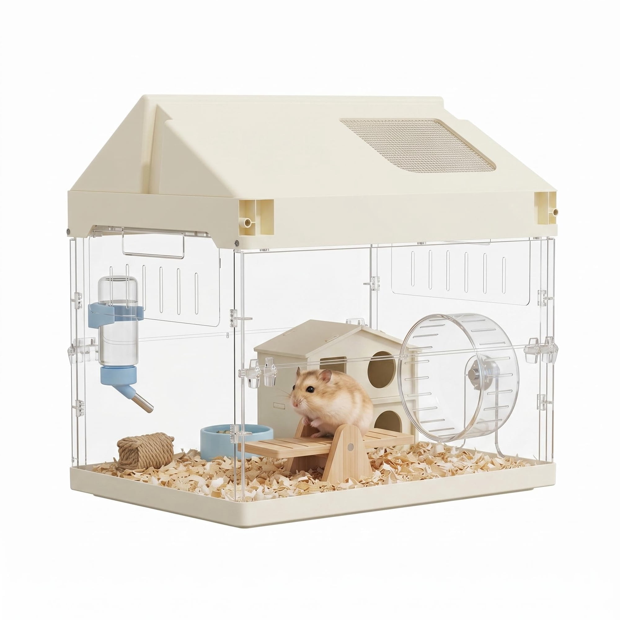 Garvee Acrylic Hamster Cage Starter Kit – Chew-Proof Small Animal Habitat with Wheel, Platform, Water Bottle, Hideout & Bowl – Spacious Cage for Guinea Pig, Rat, Chinchilla, Gerbil, Hedgehog