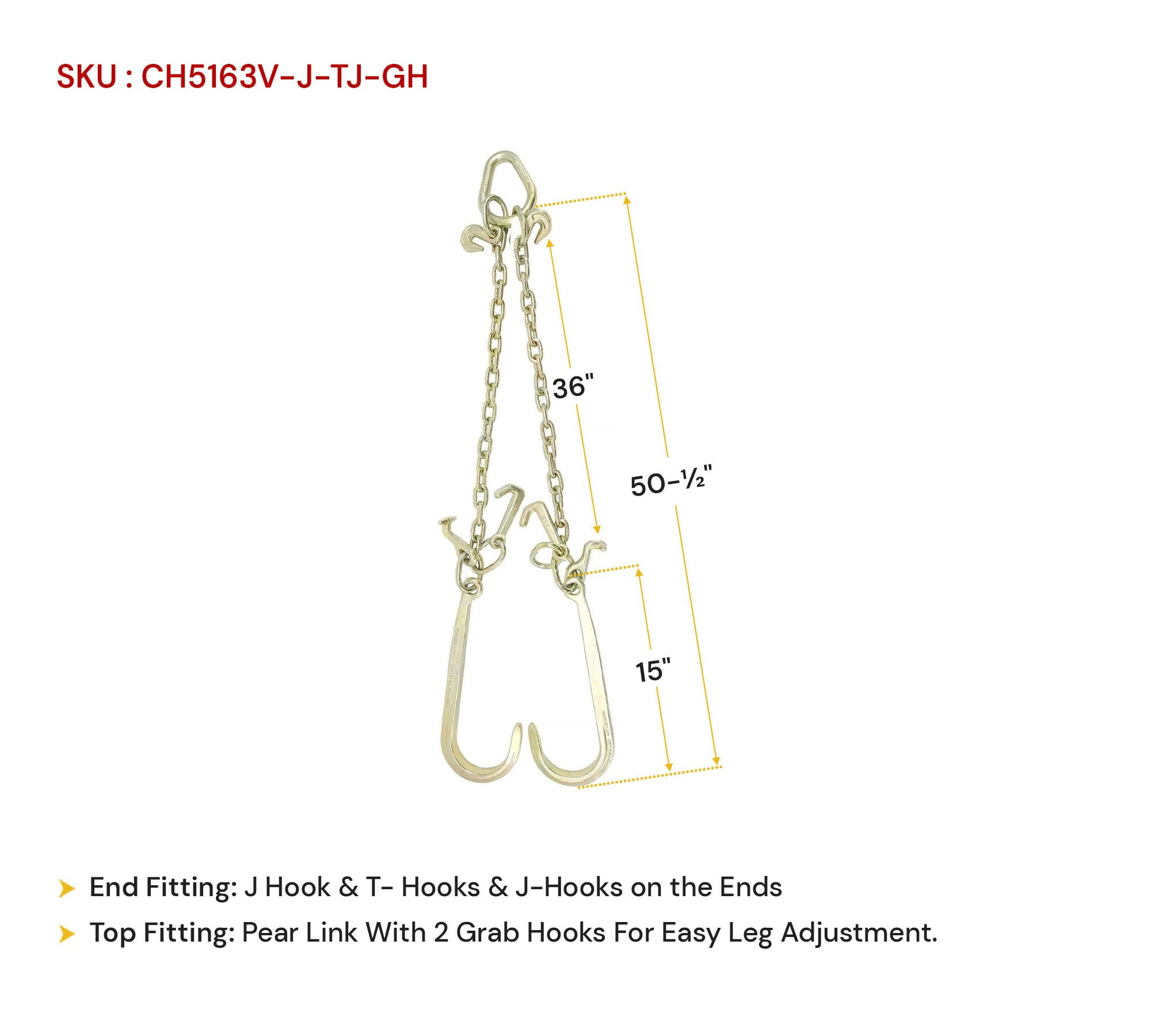 Mytee Products 5/16"x3' Leg Grade 70 V-Chain Bridle Tow w/ 15" Large Shank J Hook, T-J Hook & Grab Hooks for Towing - 4700 LBS WLL Tow Truck Chain Accessories for Flatbed Trailer Wrecker Recovery