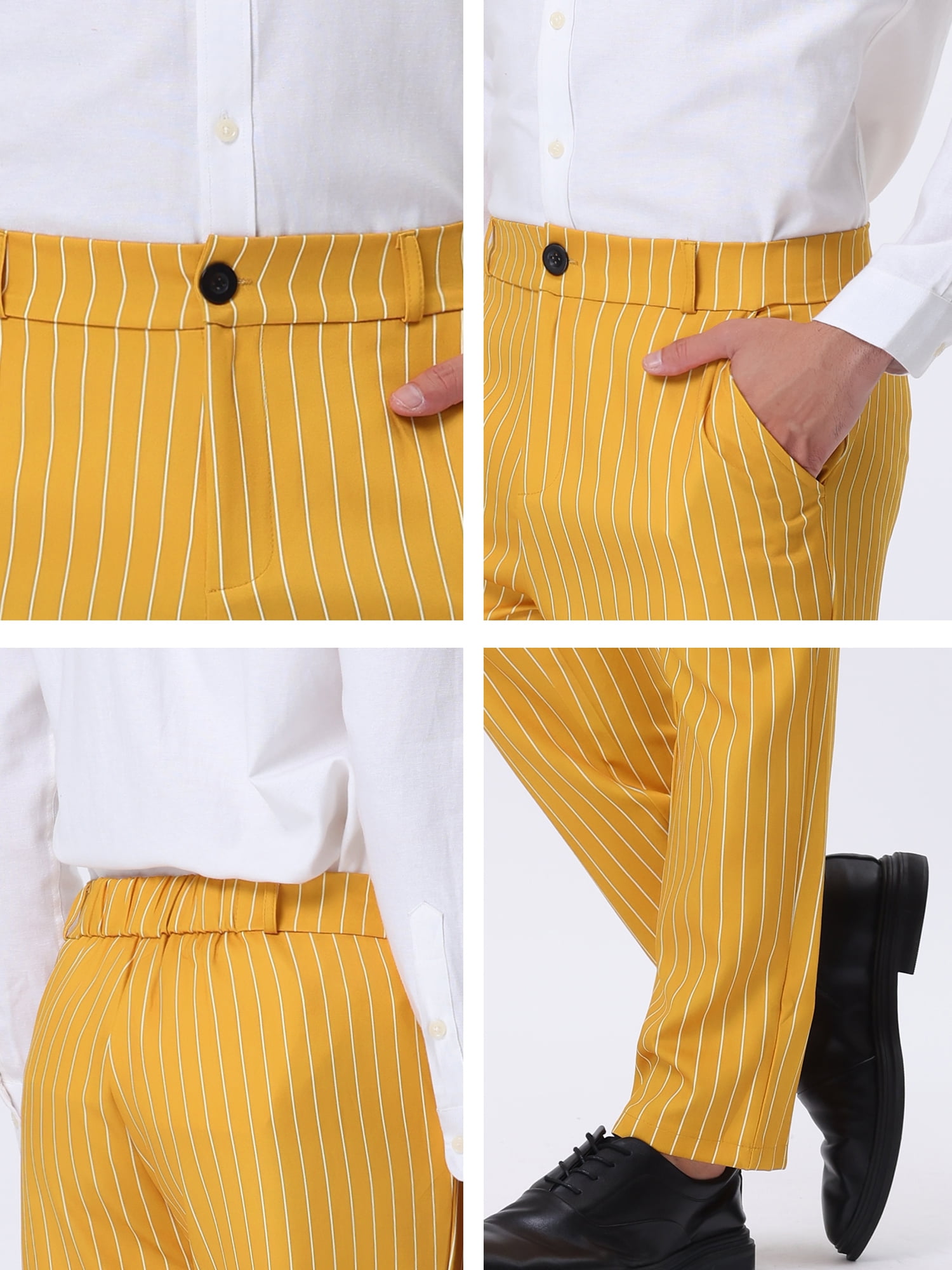 Unique Bargains Men's Striped Dress Pants Straight Fit Color Block Office Suit Trousers 30 Yellow White