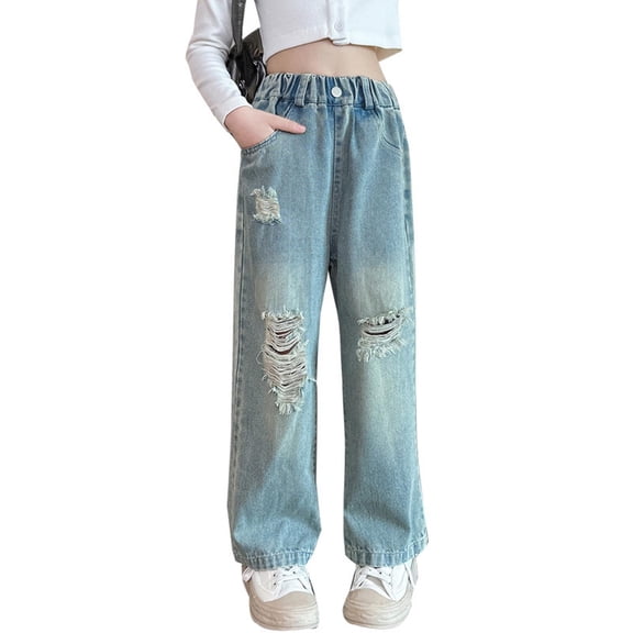 Edvintorg Girl Jeans Fashion High Waisted Baggy Wide Leg Jean Loose Straight Leg Ripped Denim Pants with Pockets Size 5-14