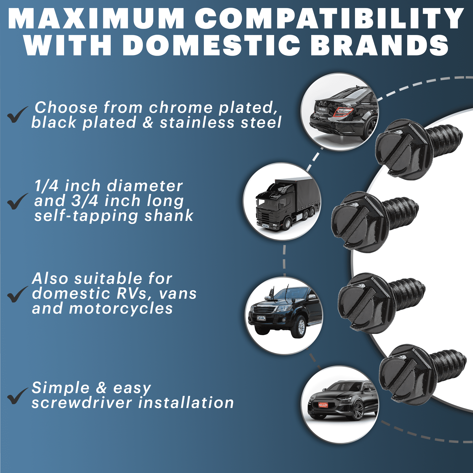 OttoSpeed Rustproof License Plate Screws, Black Stainless Steel, 4-Pack