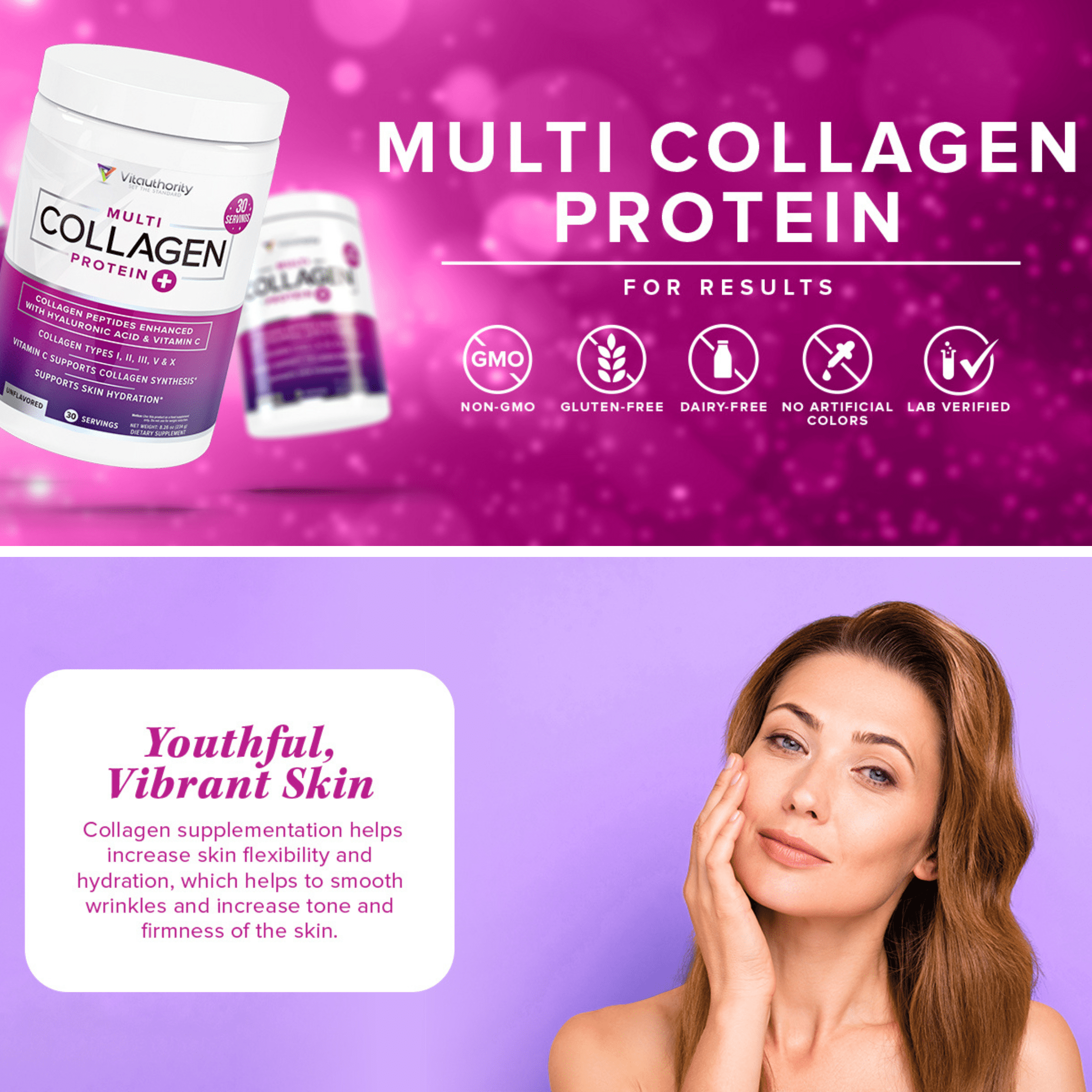 Vitauthority Multi Collagen Peptides Beauty Supplement, Hydrolyzed Protein Powder with Vitamin C & Hyaluronic Acid, Unflavored, 16 oz