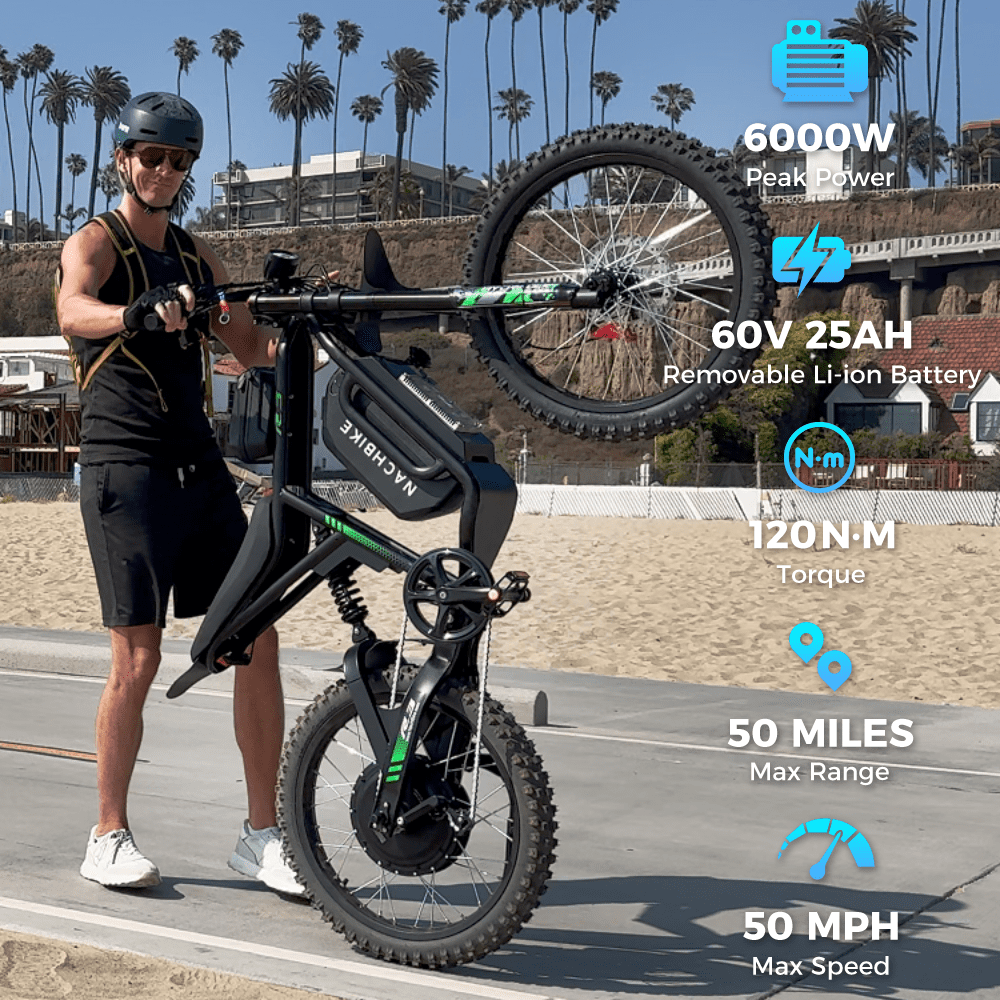 Electric Motorycle for Adults,50MPH/50 Miles Electric Dirt Bike, 6000W (Peak) , 60V 25Ah Long Range Removable Battery Mountain Ebike, NACHBIKE Raptor R3