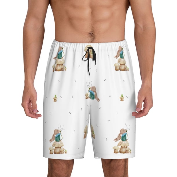 Balery Rabbit Blowing Dandelions Pantalones cortos de pijama de punto de algodón para hombre con cinturilla y bolsillos-Large