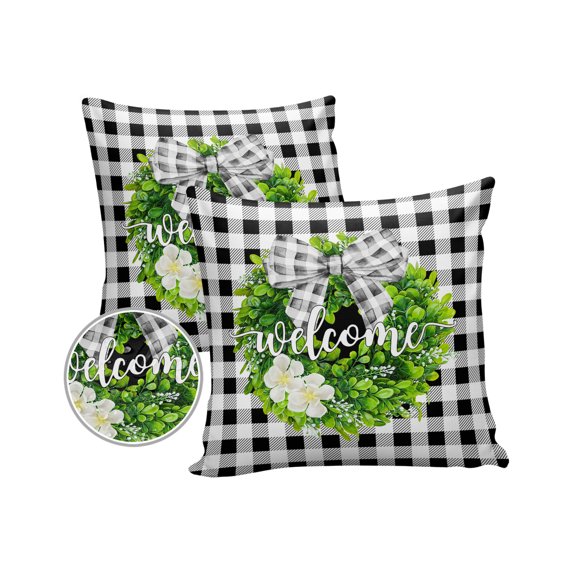 Pack of 2 Outdoor Pillow Covers, Welcome Spring Farmhouse Boxwood Wreath Black White Buffalo Plaid Waterproof Square Throw Pillowcase Cushion Decorative Pillow Covers for Couch Patio Tent, 18x18 in