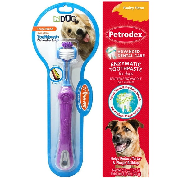 Petrodex enzymatic toothpaste for dogs poultry flavor, 6.2 ounces   Triple pet ez dog three sided toothbrush for dogs, large breeds