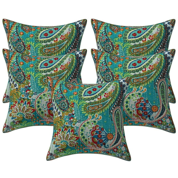Stylo Culture Indian Sofa Throw Pillow Covers 16 x 16 Floral Kantha Sea Green Printed 40x40 cm Home Decor Cotton Paisley Square Cushion Covers | Set Of 5
