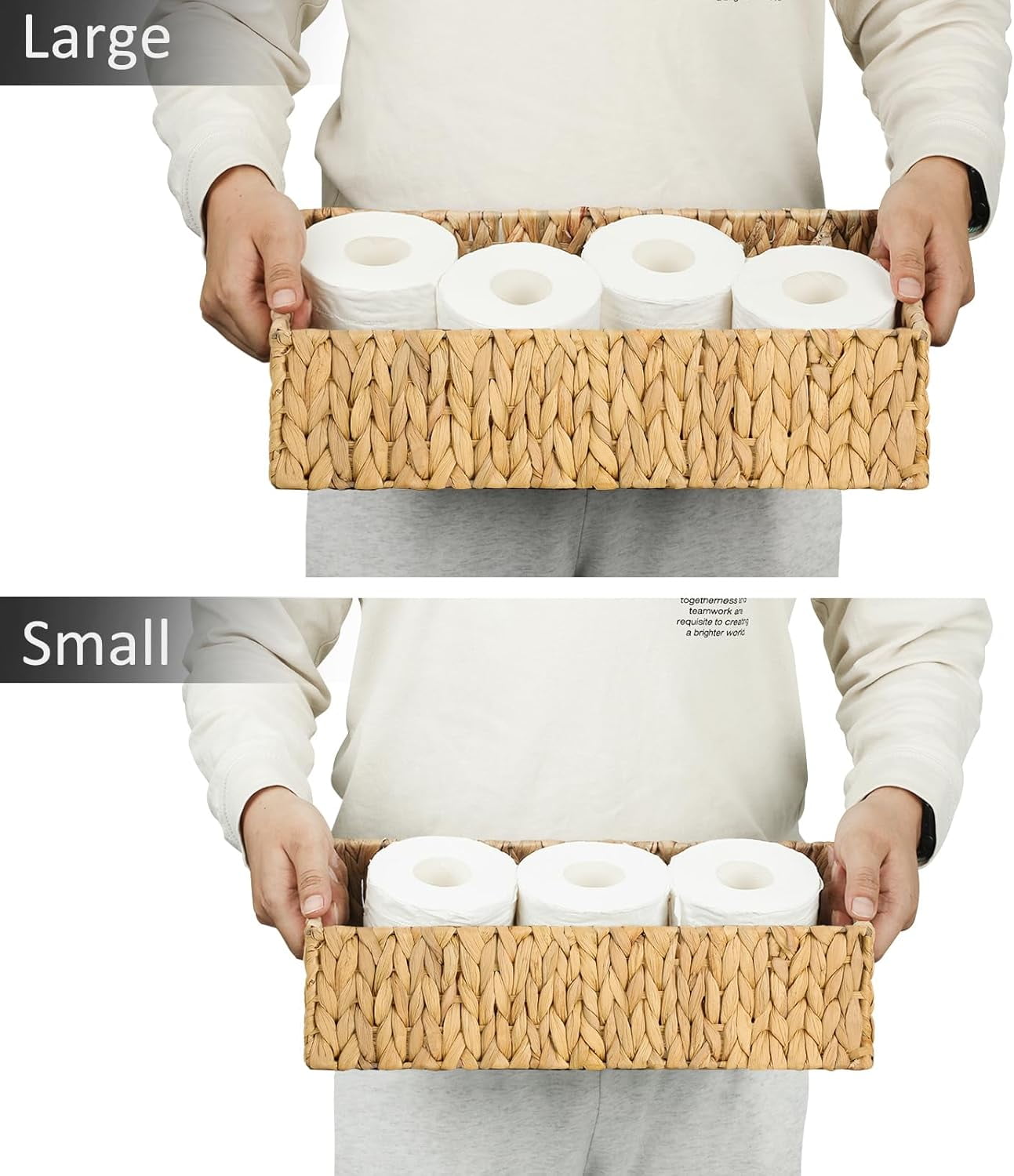 Nesting Small Wicker Basket, Water Hyacinth Toilet Paper Baskets Bathroom Organizer, Woven Long Narrow Baskets, 2 Pack