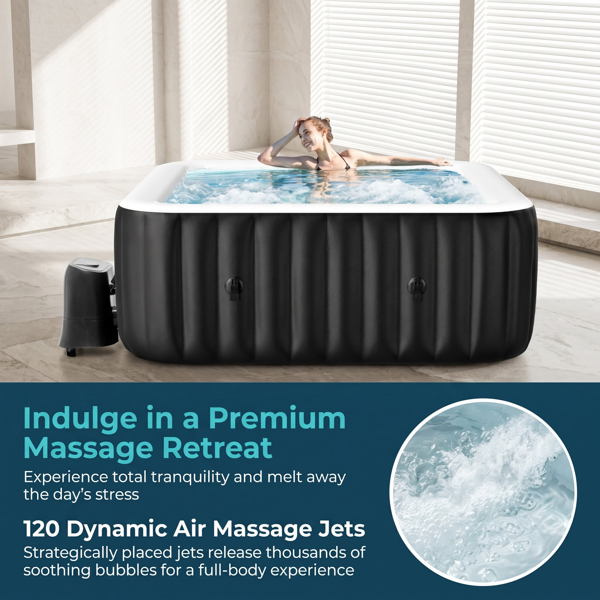 Ficisog Air Jet Inflatable Hot Tub for 2-4 Person, Portable Outdoor Blow Up Tub with Heater Pump and Insulated Cover, Square Family SPA Hot Tub, 185 Gallons, 110 Soothing Jets, 60" L X 60" W X 25" H