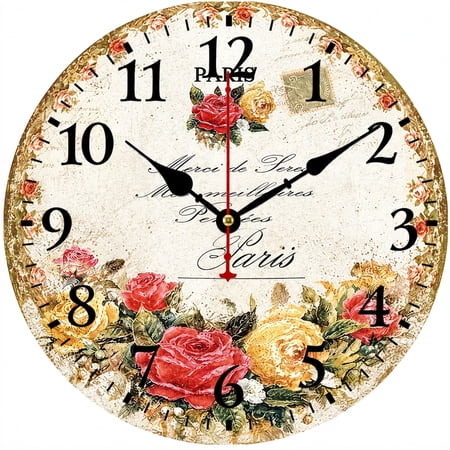 9.84 Inch Wall Clock, Vintage Floral Rose Decorative Clock, Battery Operated Round Analog Clock with Easy to Read Numbers, French Country Farmhouse Wall Decor for Living Room Kitchen Bedroom Office