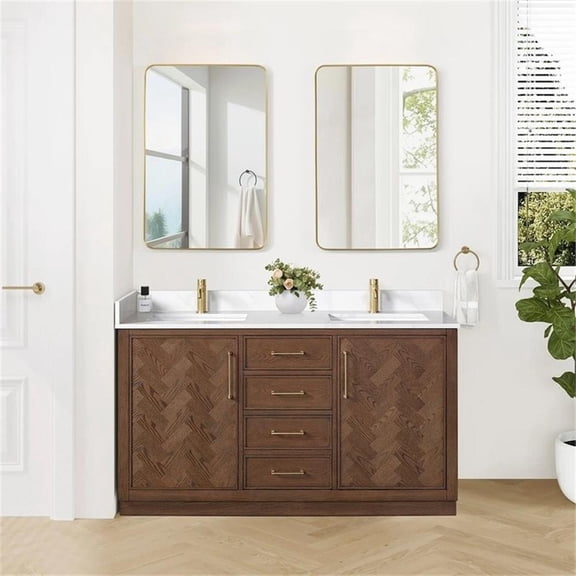 Jakarta 60" Bath Vanity in Aged Dark Brown Oak with Silk White Quartz Stone Top