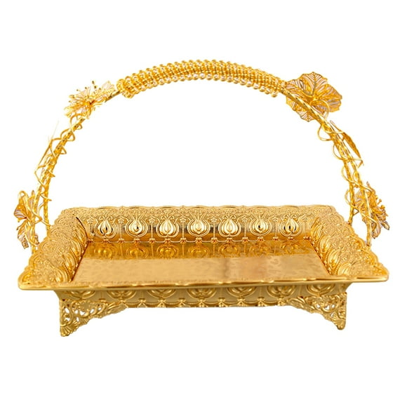 Gold Decorative Tray Service Tray with Long Handle Mini Fruit Basket Metal Serving Tray for Breakfast Coffee Tea Snacks Carbon Steel Baking Pan for Roasting and Meal Prep