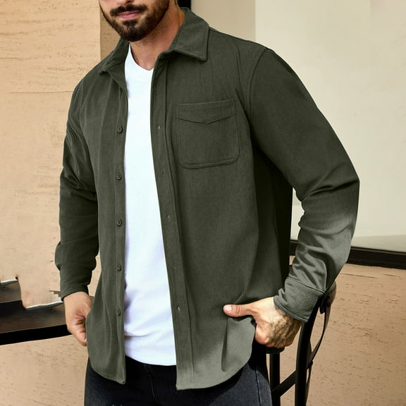 Handshe Men's Short Sleeve Corduroy Shirts, Classic Button-Down Collar Solid Color Casual Shirt for Men, Autumn Outdoor Daily Wear,Plus Size