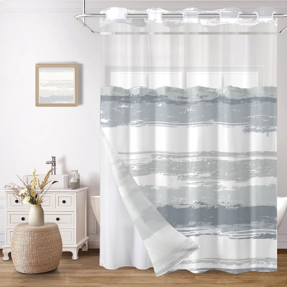 71x74in Grey and White Striped No Hook Shower Curtain with Snap in Liner