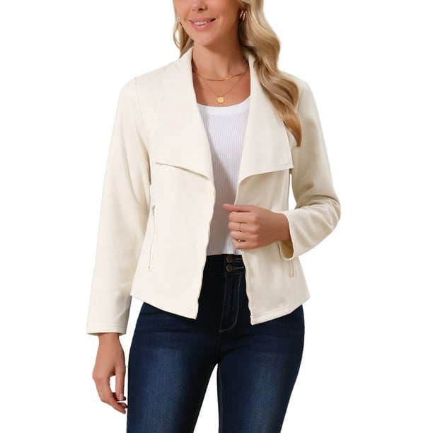 Abrigo corto de ante sintético para mujeres Inspire Chic, de manga larga, abierto en la parte delantera, ideal para otoño e invierno, color beige.