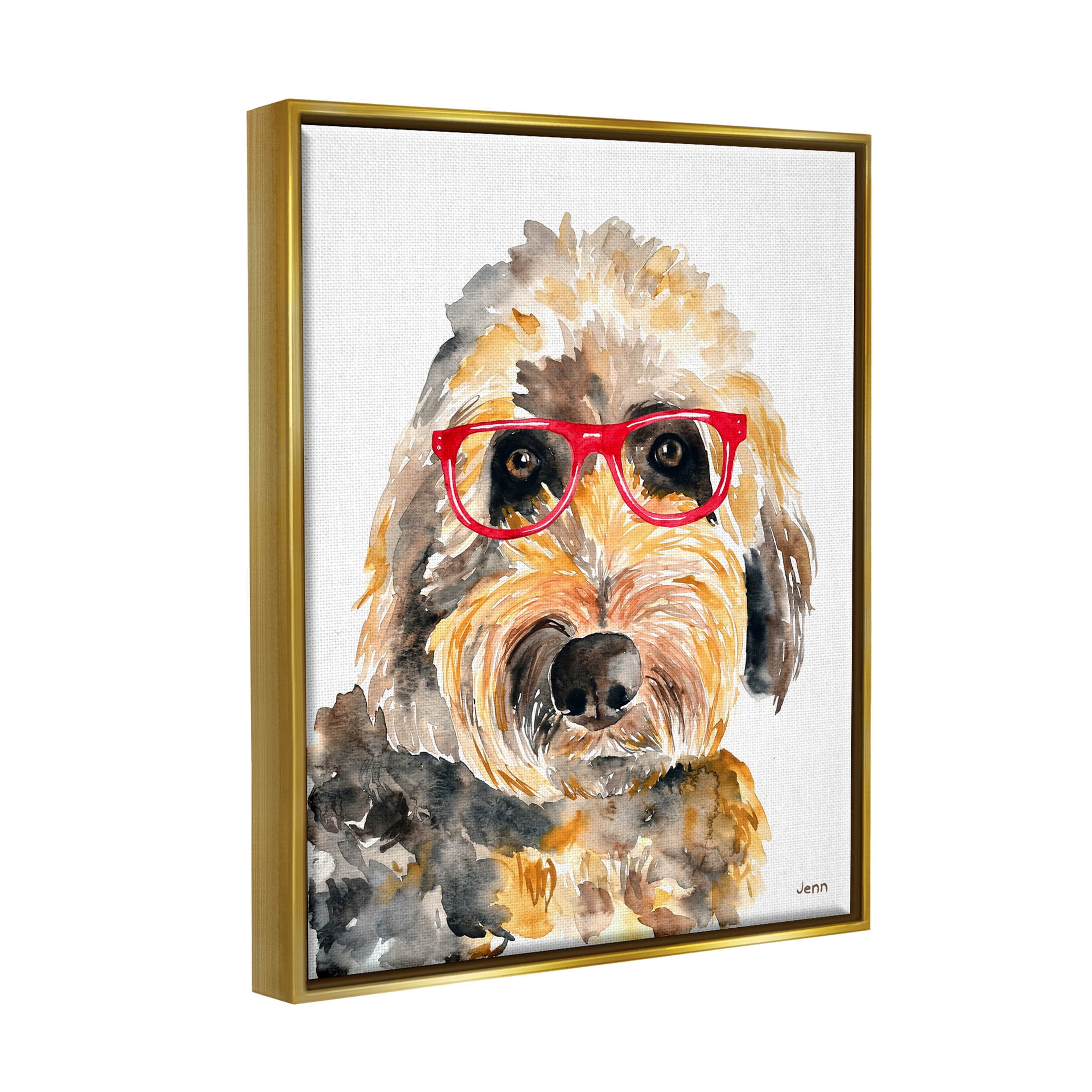 Fun Terrier Dog Red Glasses Animals & Insects Graphic Art Metallic Gold Framed Art Print Wall Art