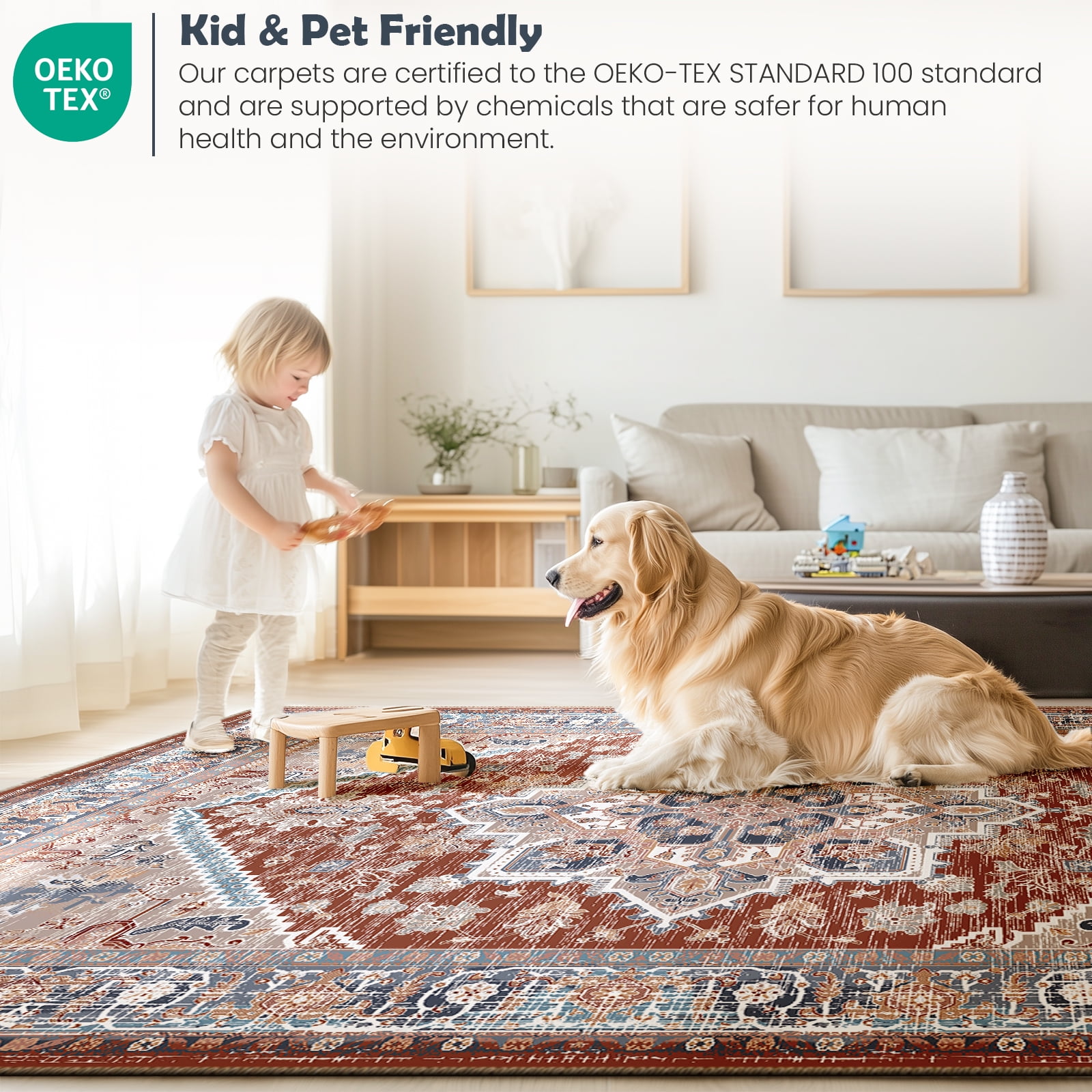 3'x5' Area Rugs, Machine Washable Non Slip Area Rug for Kitchen, Soft Low Pile Vintage Print Pattern Indoor Bathroom Thin Carpet, Brick Red