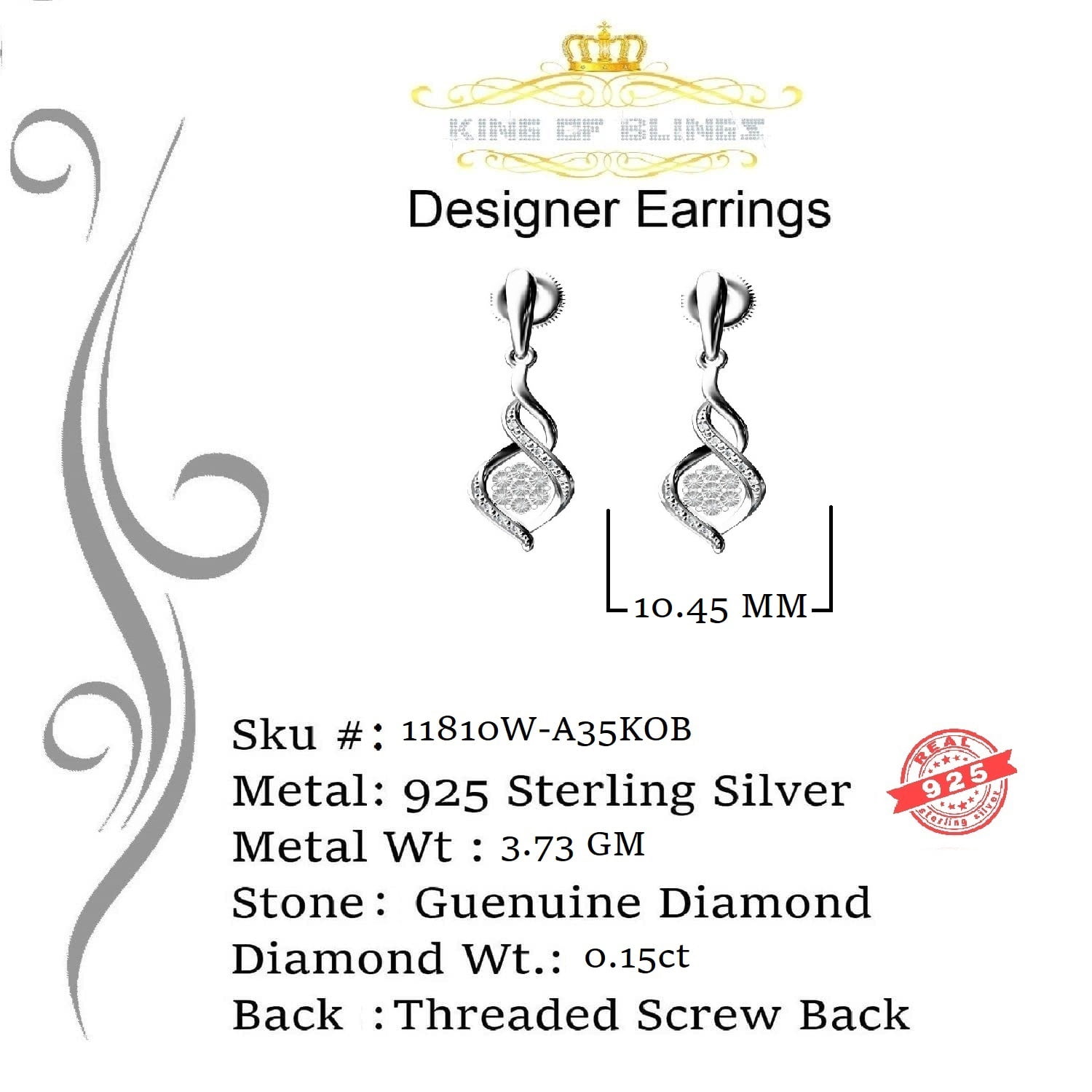 King of Bling's 925 Sterling Silver 0.15ct Diamonds Hip Hop For Women's White Stud Earrings