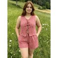 thumbnail image 3 of LMLYSoH Womens Plus Size Shorts Outfit Casual Loose Fit Plaid Bow Tie Front V Neck Sleeveless Tops and Shorts 2 Pcs Set, 3 of 9